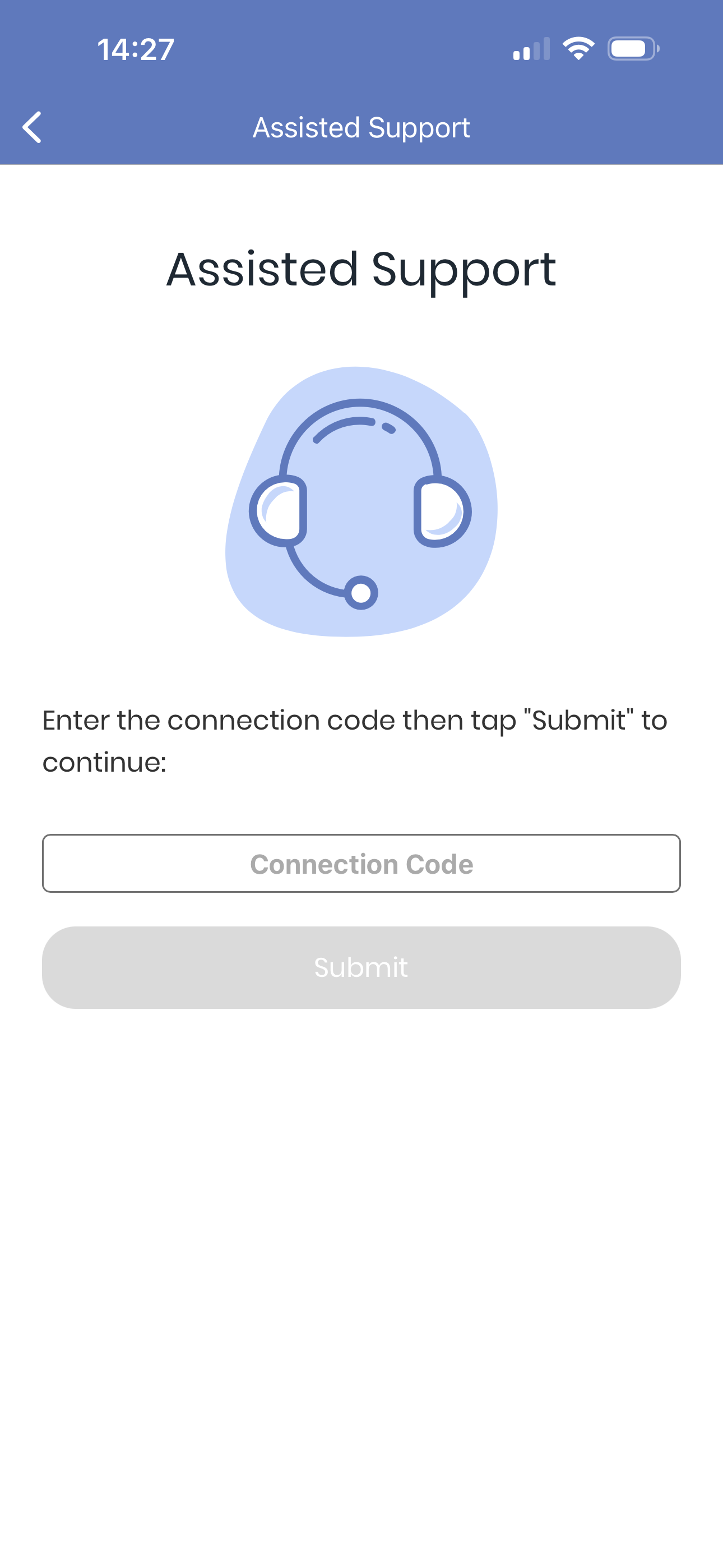 Assisted Support Connection Code Screen