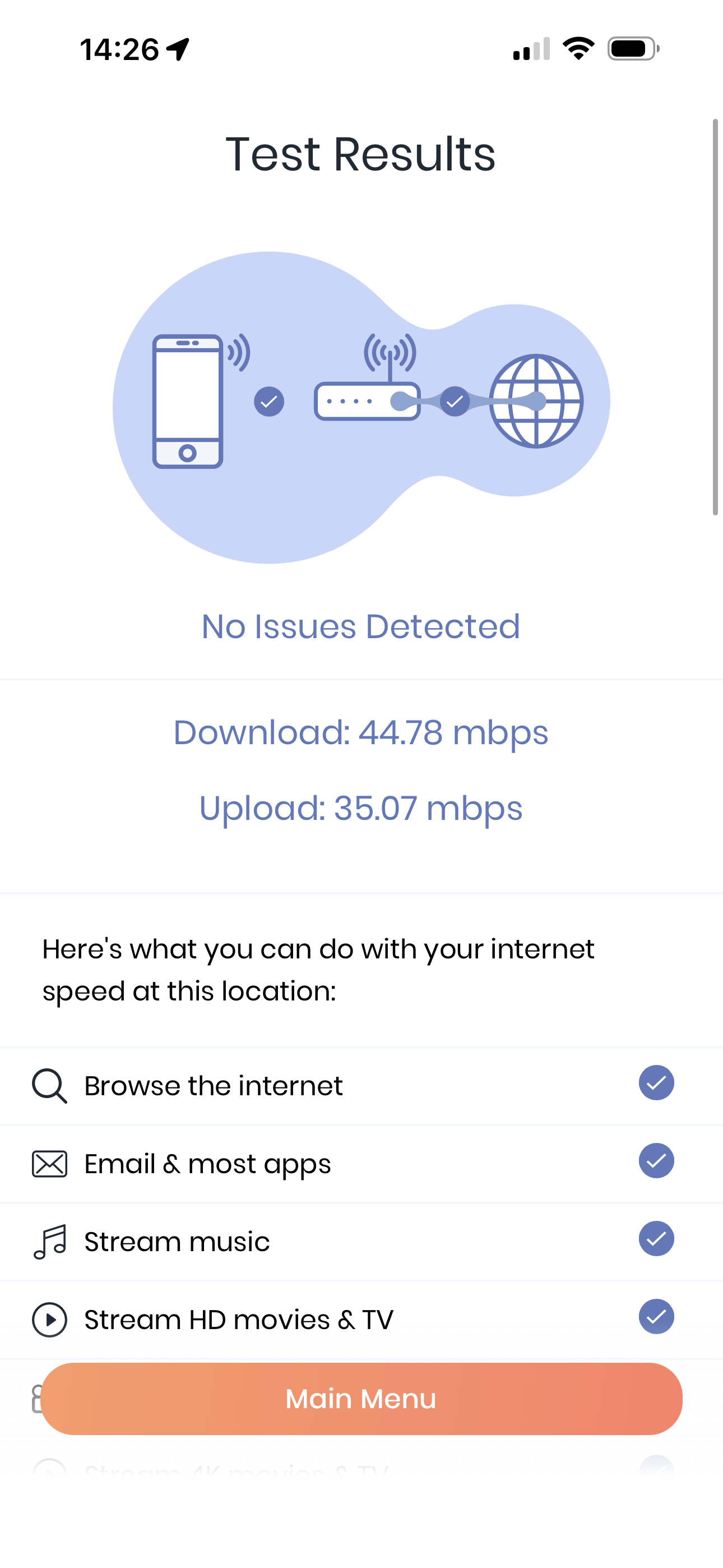 UrbanX App Test Results showing high speed